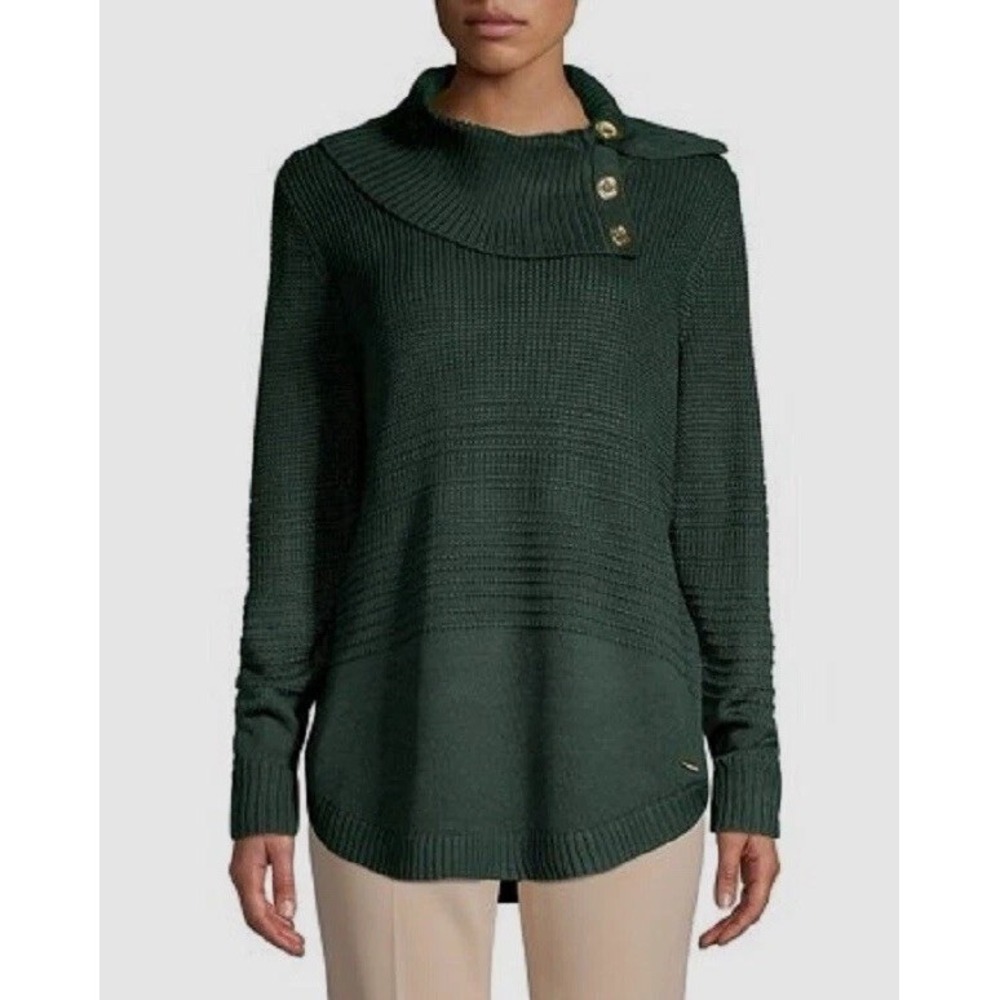 Calvin Klein Women's M Green Long-Sleeve Cowlneck Ribbed Sweater‎ Gold Button